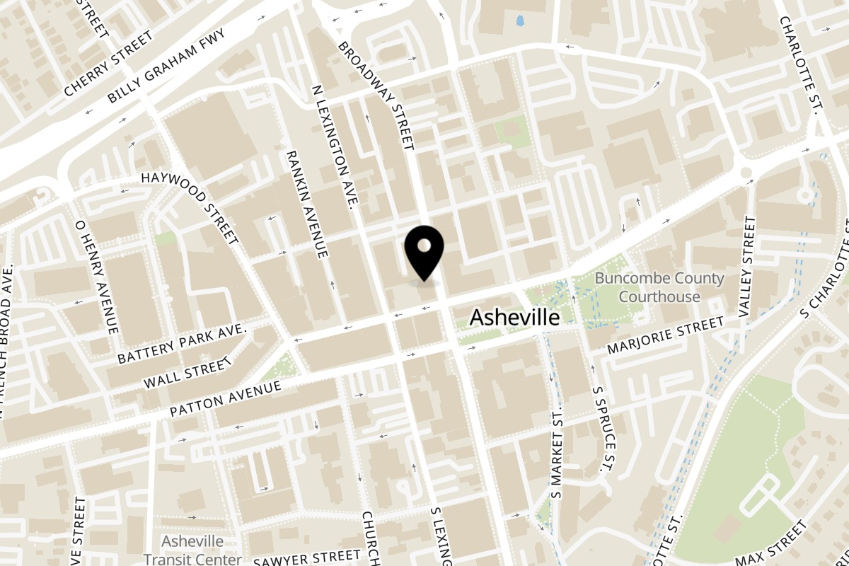 Map showing the location of Suwana's Thai Orchid on 11 Broadway St in Asheville